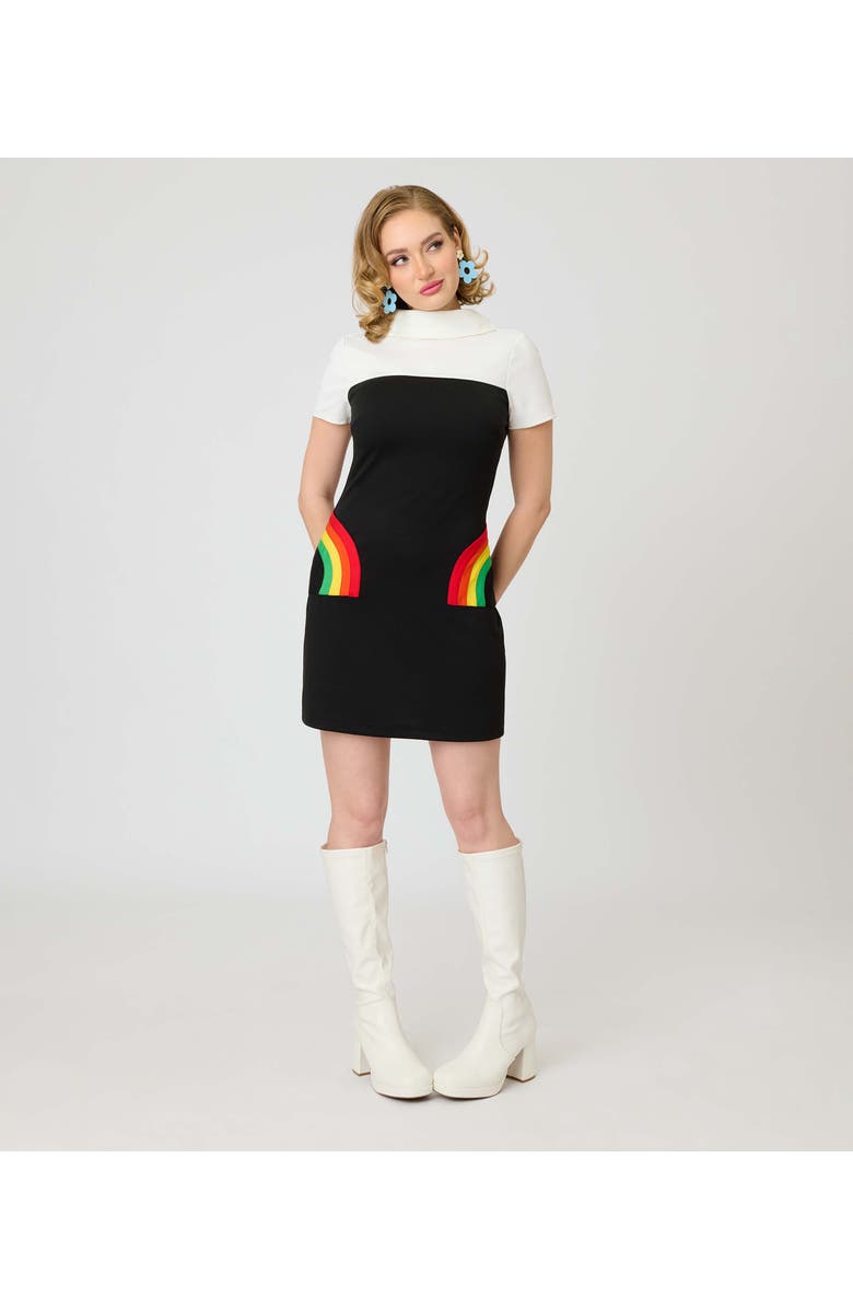 Smak Parlour Mock Neck Patch Pocket Shift Dress, Main, color, Black W/Rainbow Pocket