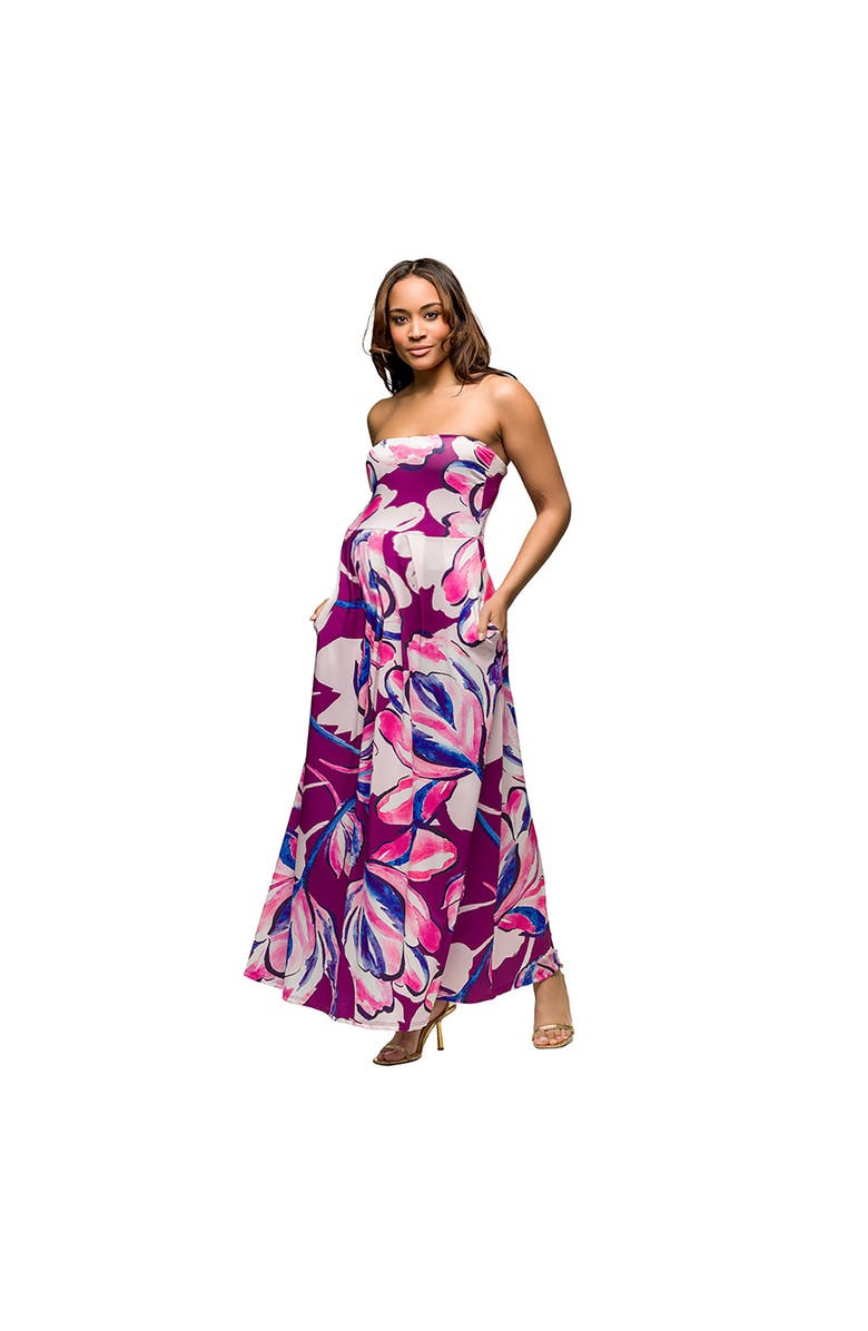 24seven Comfort Apparel Maternity Purple Floral A-Line Strapless Maxi Dress With Pockets, Alternate, color,