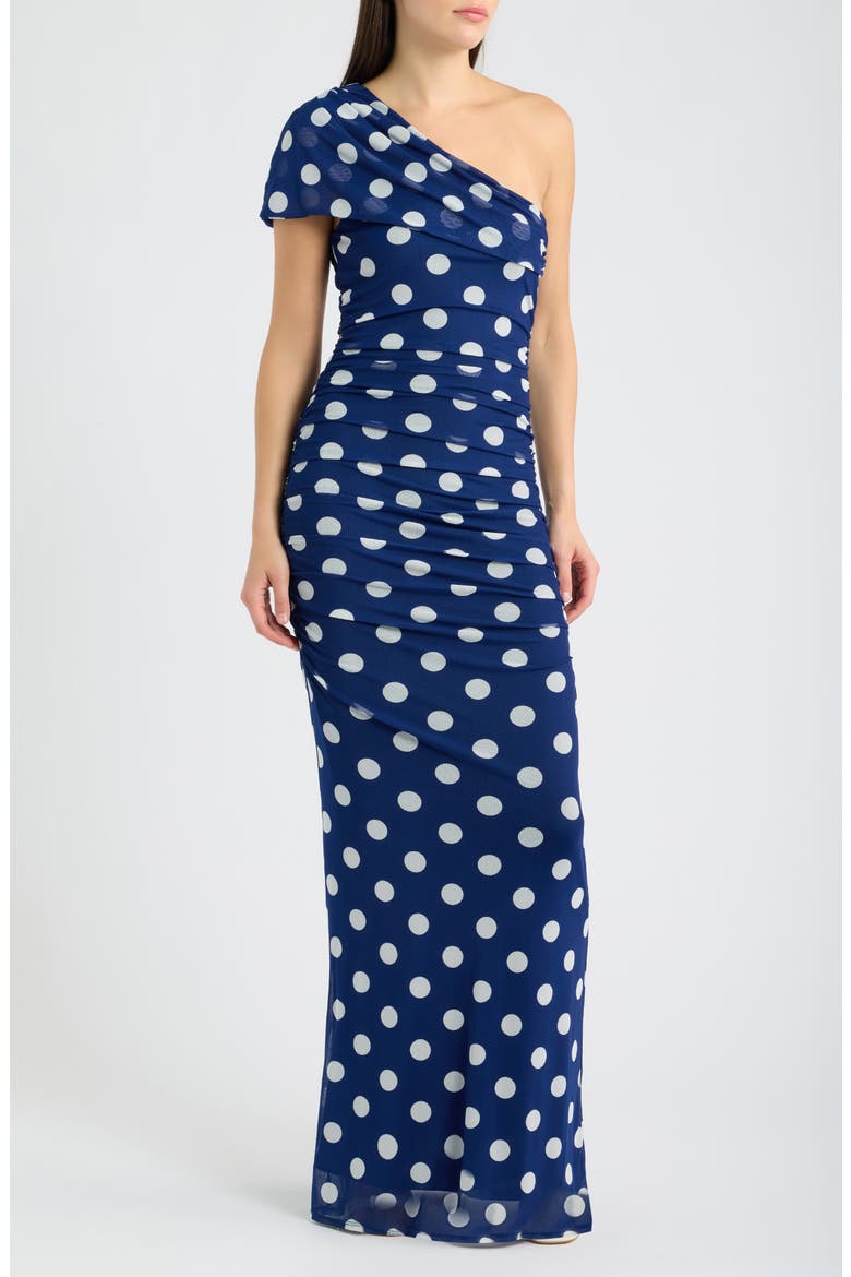 Rosario Polka Dot One-Shoulder Mesh Maxi Dress, Main, color, BLUE MOON
