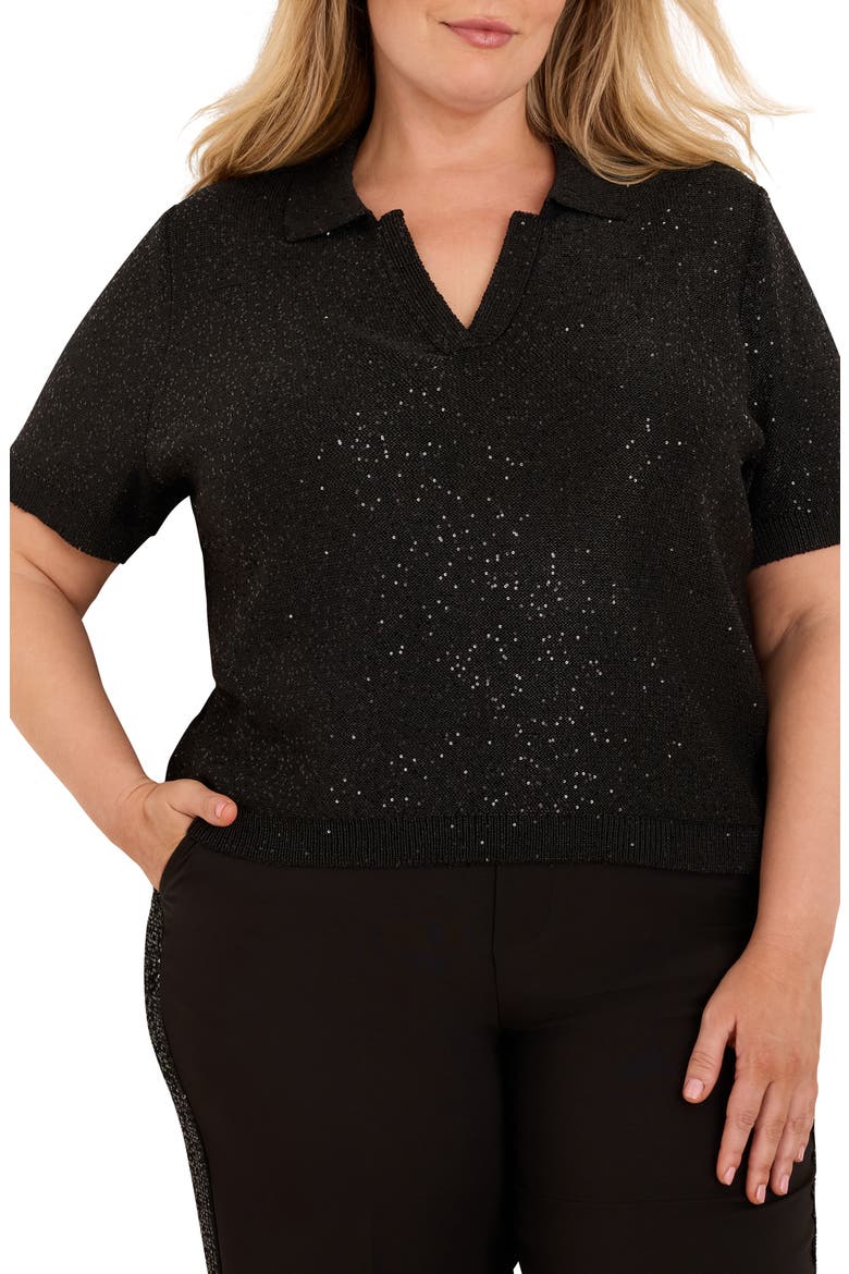 Anytime Sequin Polo Sweater, Main, color, BLACK ONYX
