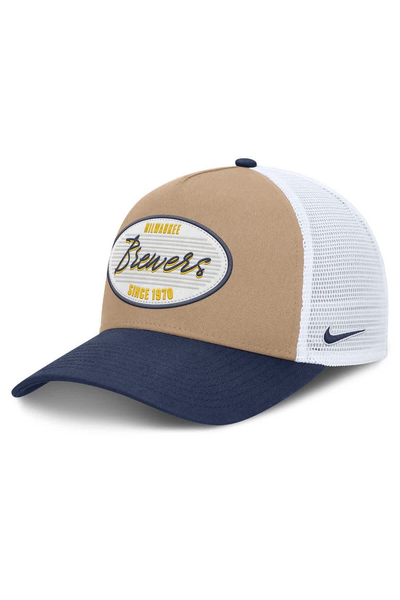 Men's Nike  Khaki/Navy Milwaukee Brewers Rise A-Frame Trucker Adjustable Hat, Main, color, Khaki