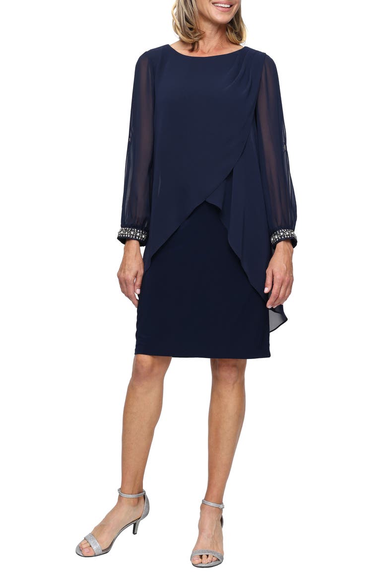 Cold Shoulder Long Sleeve Capelet Cocktail Dress, Main, color, NAVY