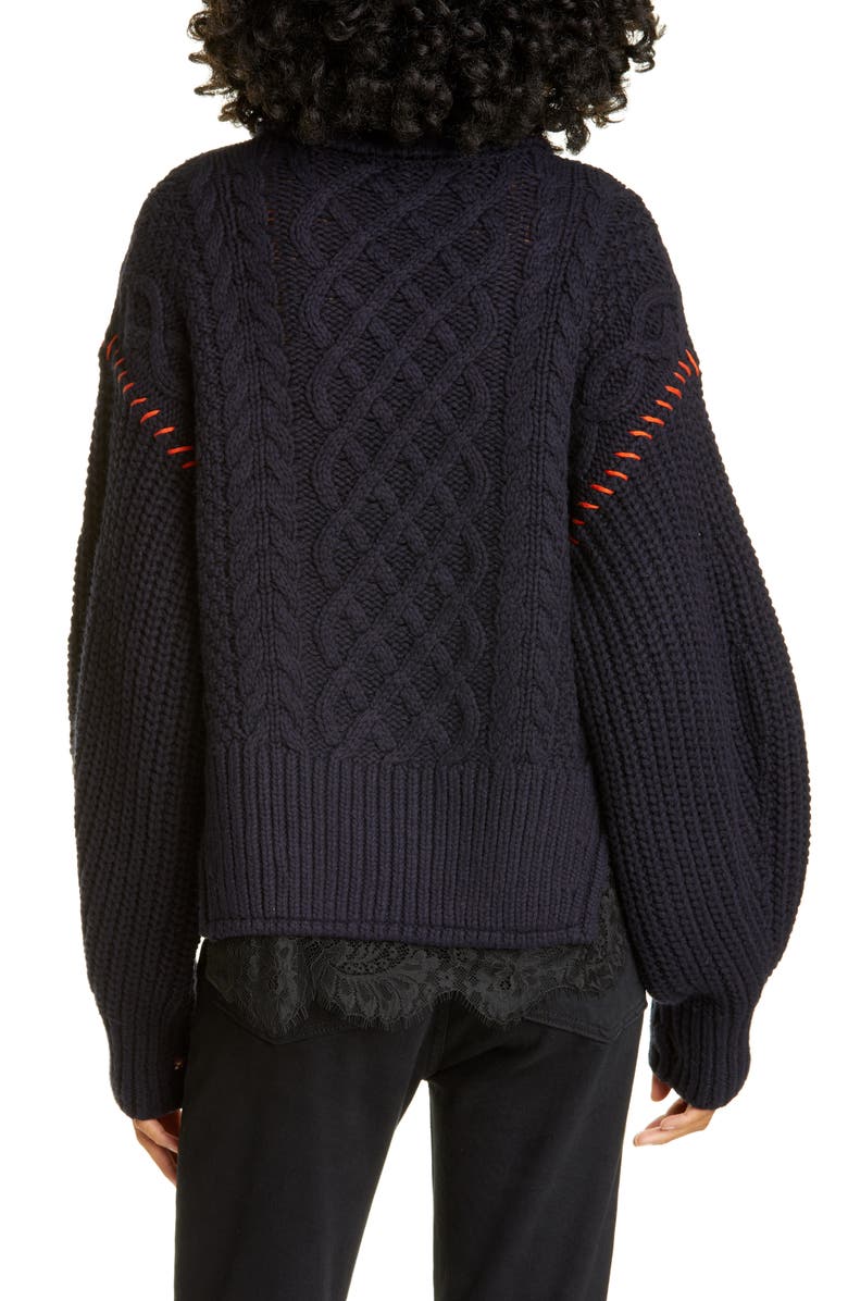 Self-Portrait Lace Trim Cable Knit Cotton & Wool Sweater, Alternate, color, 