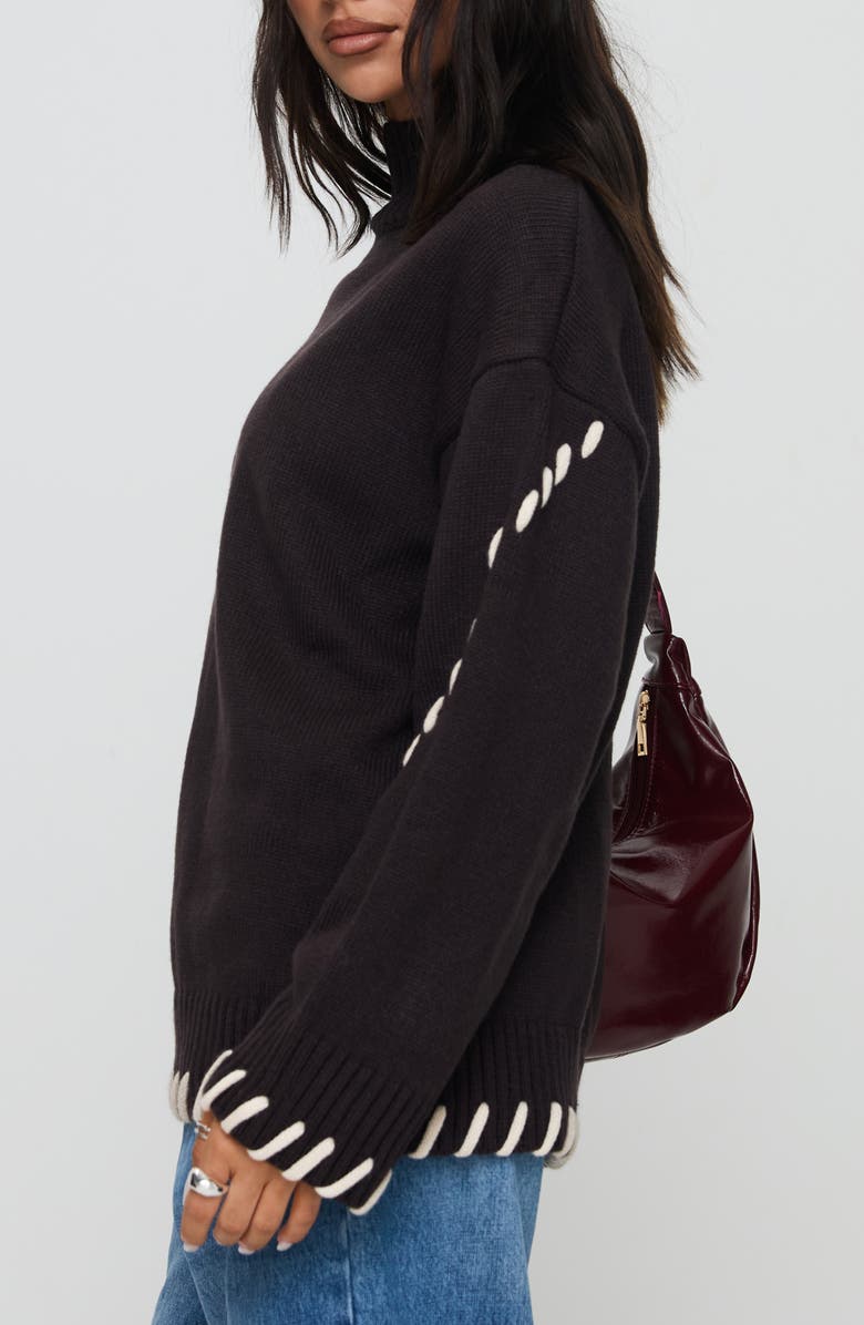 Princess Polly Leizure Whipstitch Trim Turtleneck Sweater, Alternate, color, Brown