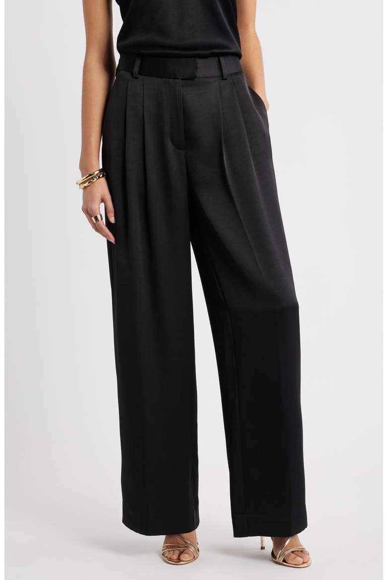 Pleated Satin Pants, Main, color, BLACK