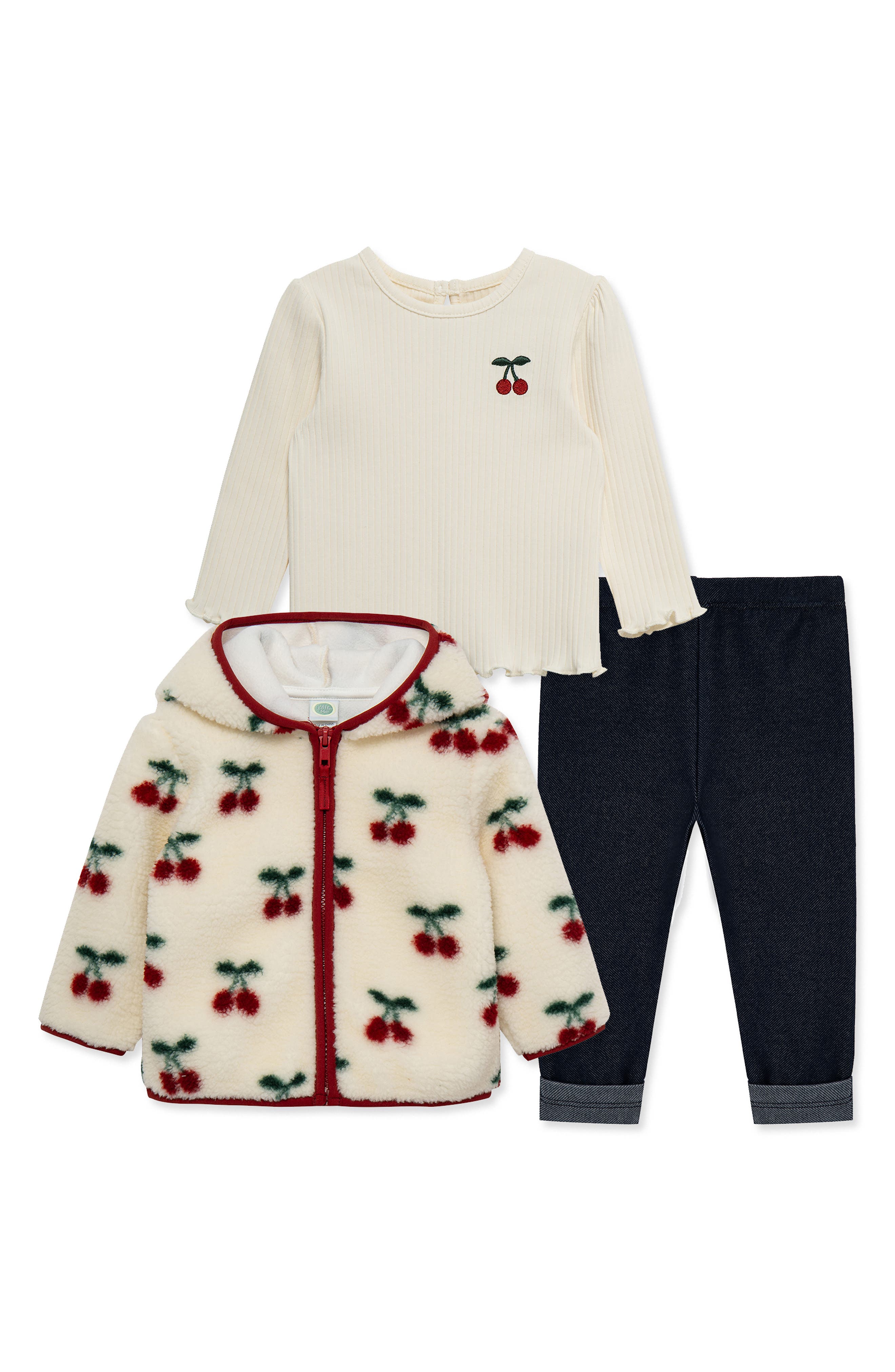 Cherry 3-Piece Rib Top, Knit Pants and Fleece Jacket Set
