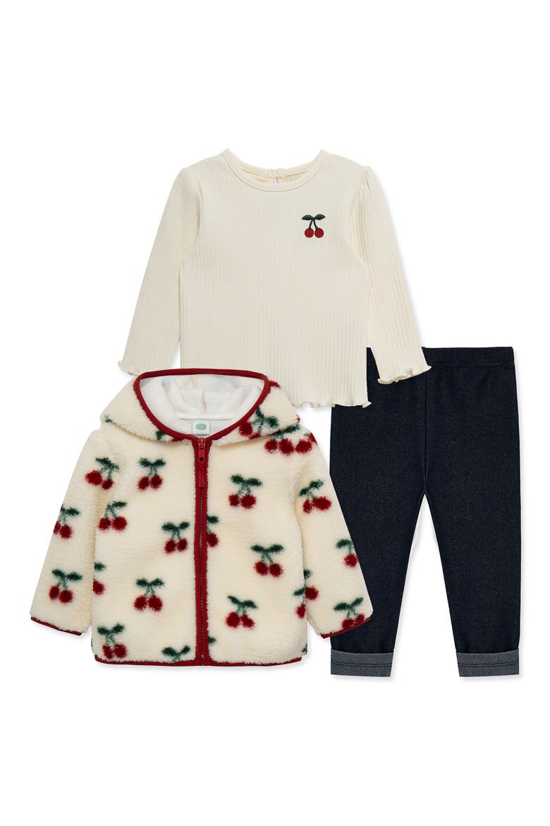 Cherry 3-Piece Rib Top, Knit Pants and Fleece Jacket Set, Main, color, OFF WHITE PRINT
