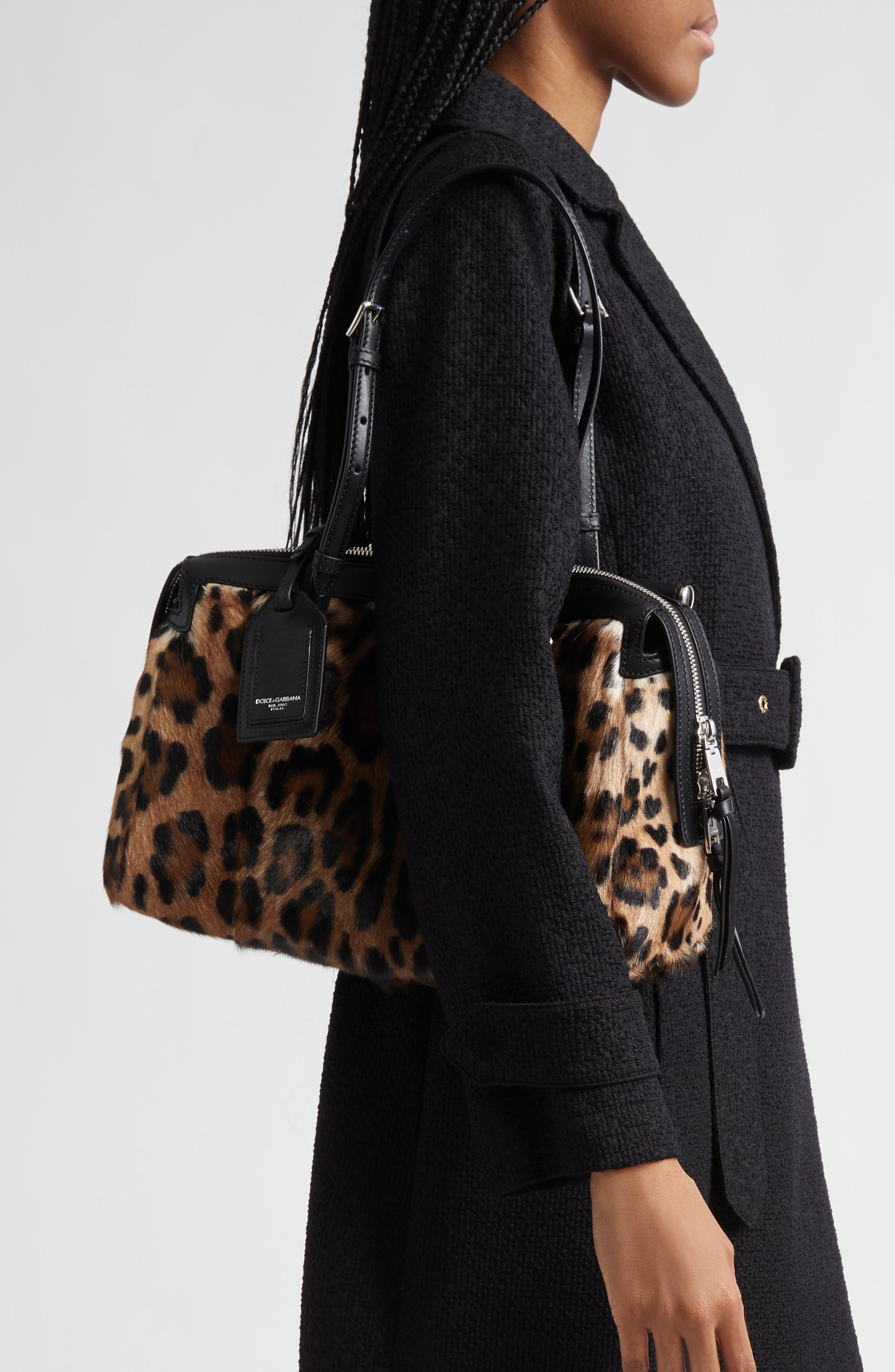 Dolce&Gabbana Rumble Leopard Print Genuine Calf Hair Satchel, Alternate, color, 89738 Leo/ Nero