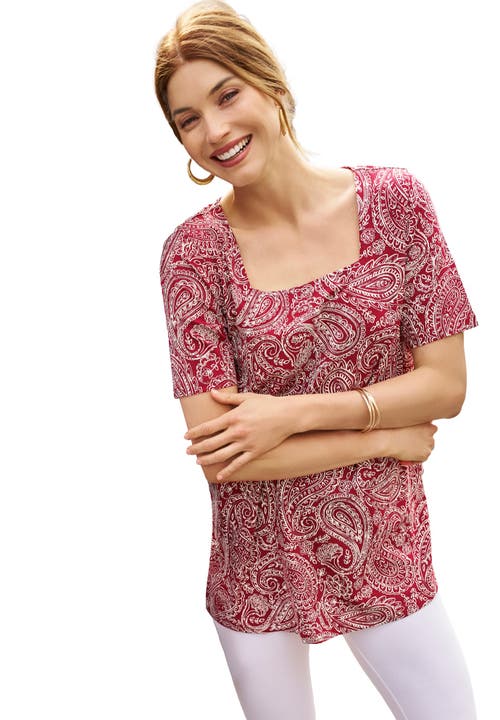 Jessica London Stretch Cotton Square Neck Tunic In Multi