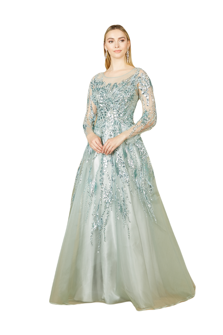 High Neck Lace Gown with Sheer Sleeves, Main, color, Seafoam