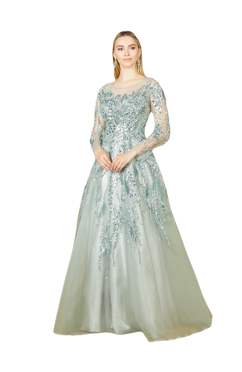 LARA New York High Neck Lace Gown with Sheer Sleeves, Main, color, 