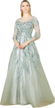 LARA New York High Neck Lace Gown with Sheer Sleeves