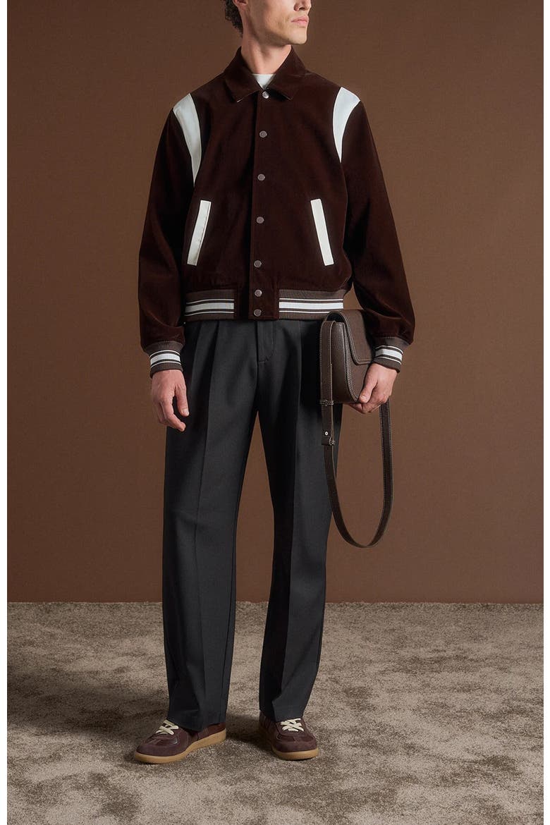 Nico Velvet & Satin Varsity Jacket, Alternate, color, Brown