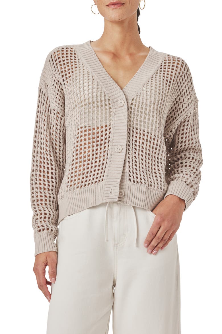 Camellia Openwork V-Neck Cotton Blend Cardigan, Main, color, FAWN BEIGE