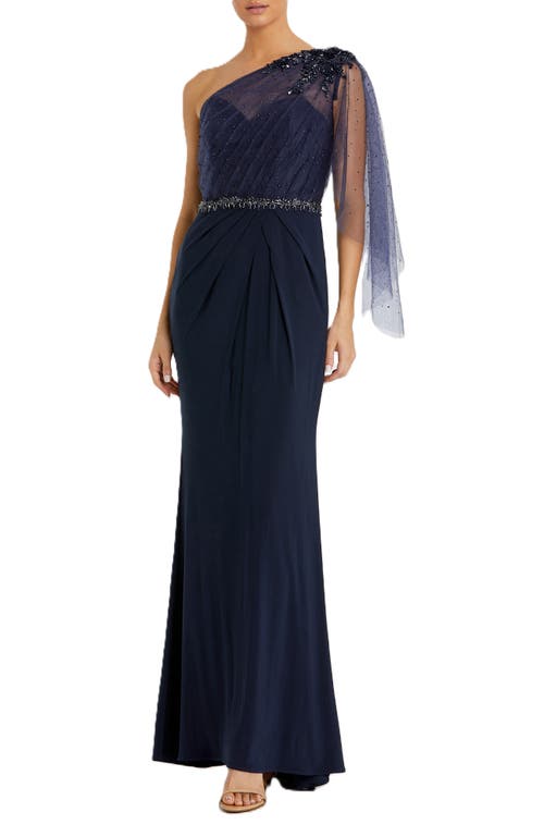 Mac Duggal Beaded One-shoulder Sheath Gown In Navy