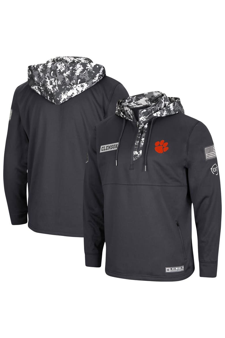 Men's Colosseum Charcoal Clemson Tigers OHT Military Appreciation Digital Camo Quarter-Zip Hoodie, Main, color, Charcoal