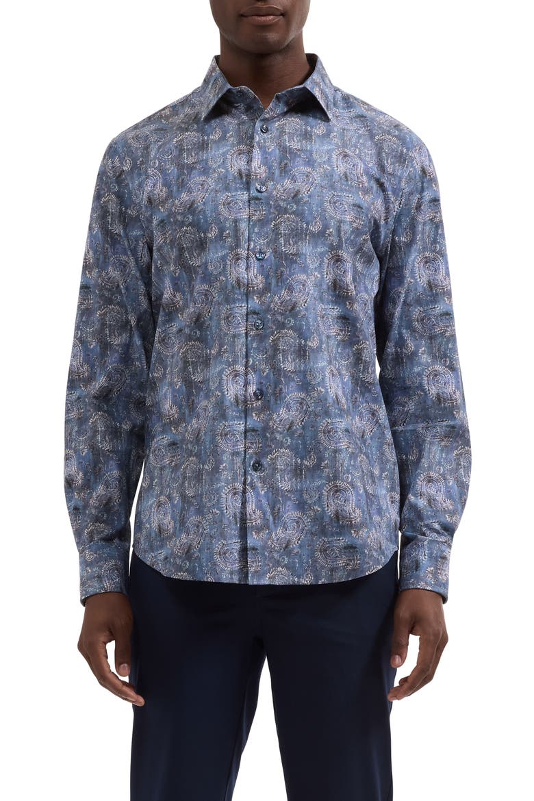 Julian Shaped Fit Paisley Button-Up Shirt, Main, color, STEEL
