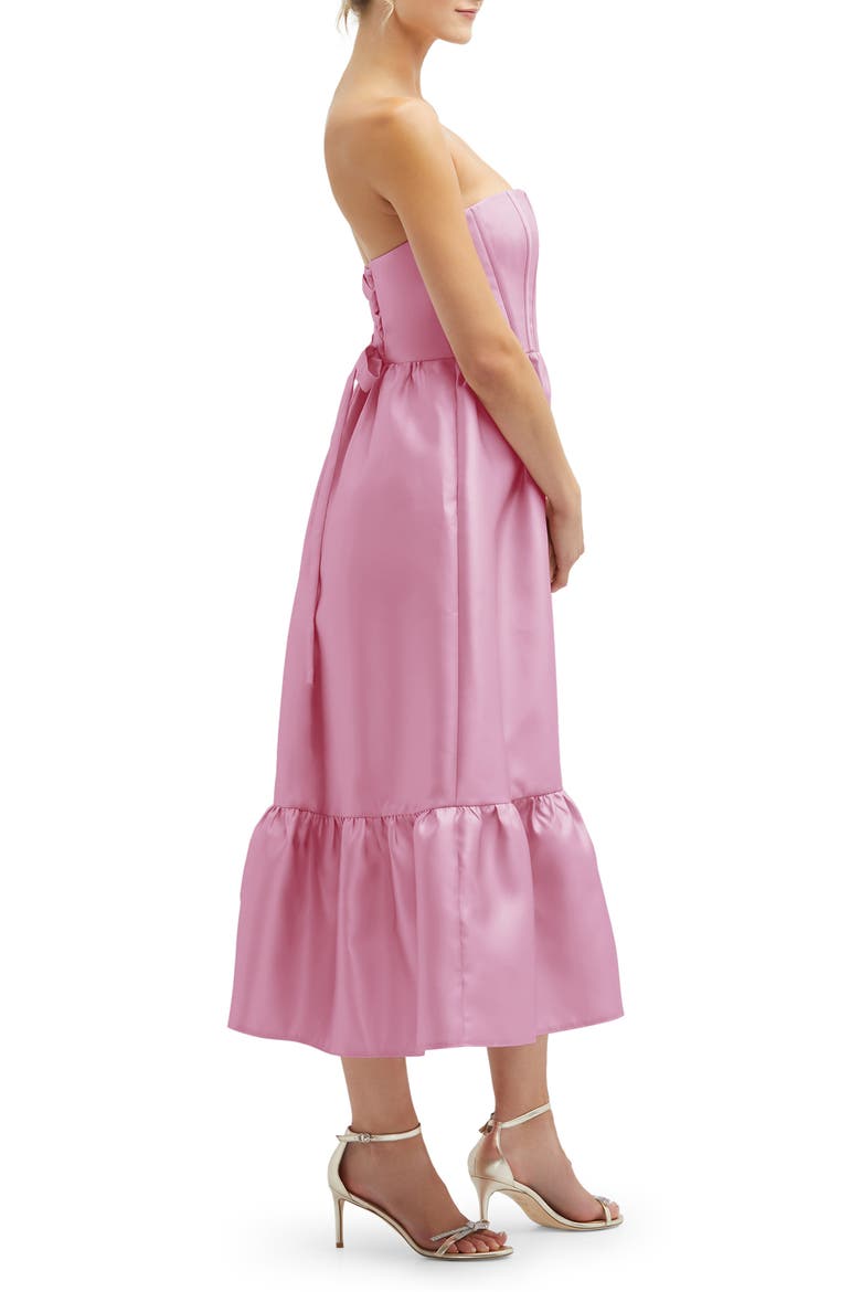 Corset Ruffle Hem Strapless Satin Midi Dress, Alternate, color, POWDER PINK