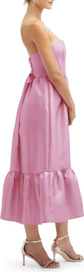 Corset Ruffle Hem Strapless Satin Midi Dress