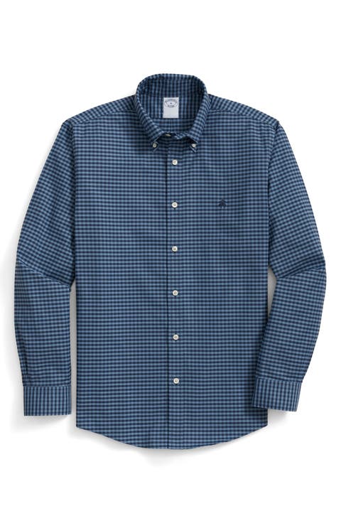 Gingham Check Wrinkle Resistant Stretch Cotton Button-Down Shirt