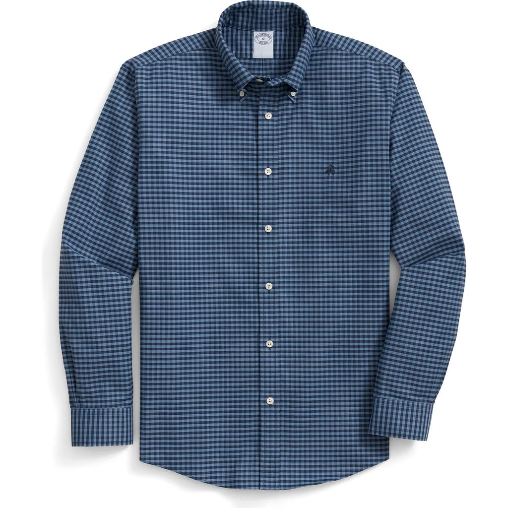 Brooks Brothers Gingham Check Wrinkle Resistant Stretch Cotton Button-down Shirt In Blue
