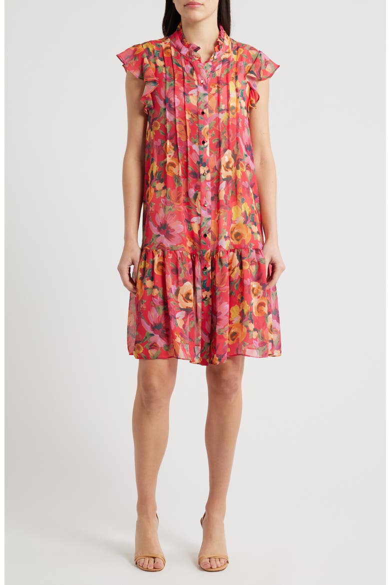 Floral Print Pleated Ruffle Hem Dress, Main, color, RED MULTI