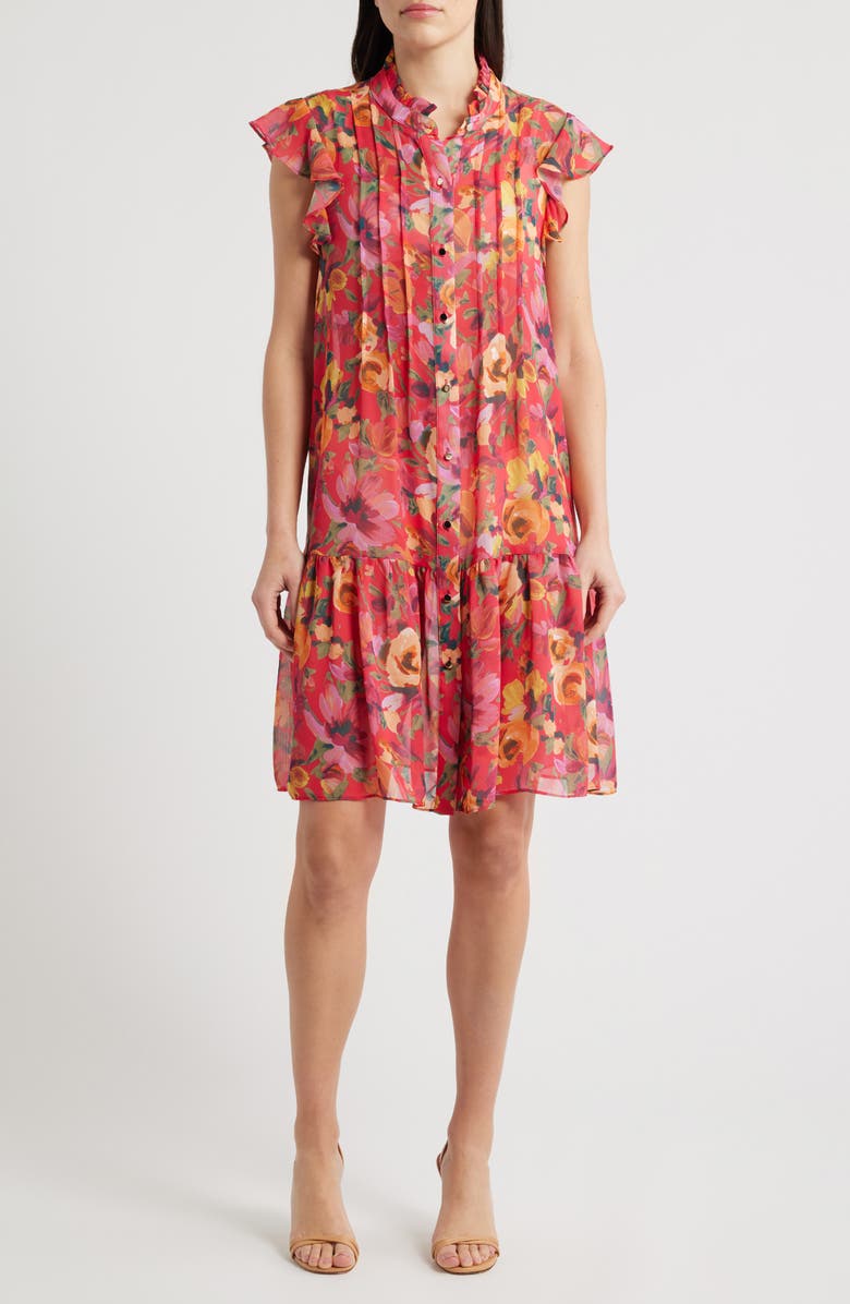 Julia Jordan Floral Print Pleated Ruffle Hem Dress, Main, color, Red Multi