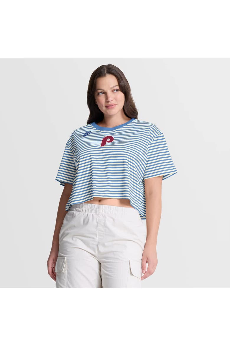 Women's Nike Light Blue/Cream Philadelphia Phillies Cooperstown Collection Striped Cropped T-Shirt, Main, color, Light Blue