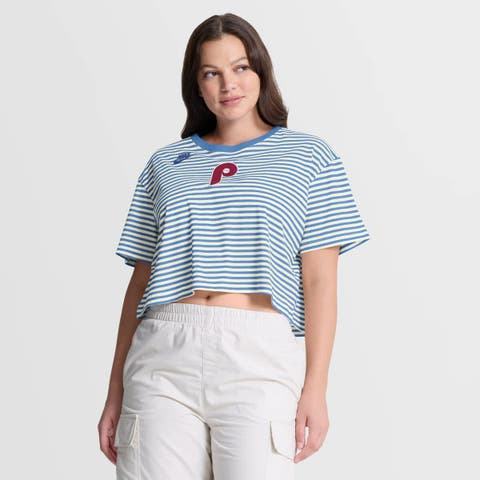 Women's Nike Light Blue/Cream Philadelphia Phillies Cooperstown Collection Striped Cropped T-Shirt