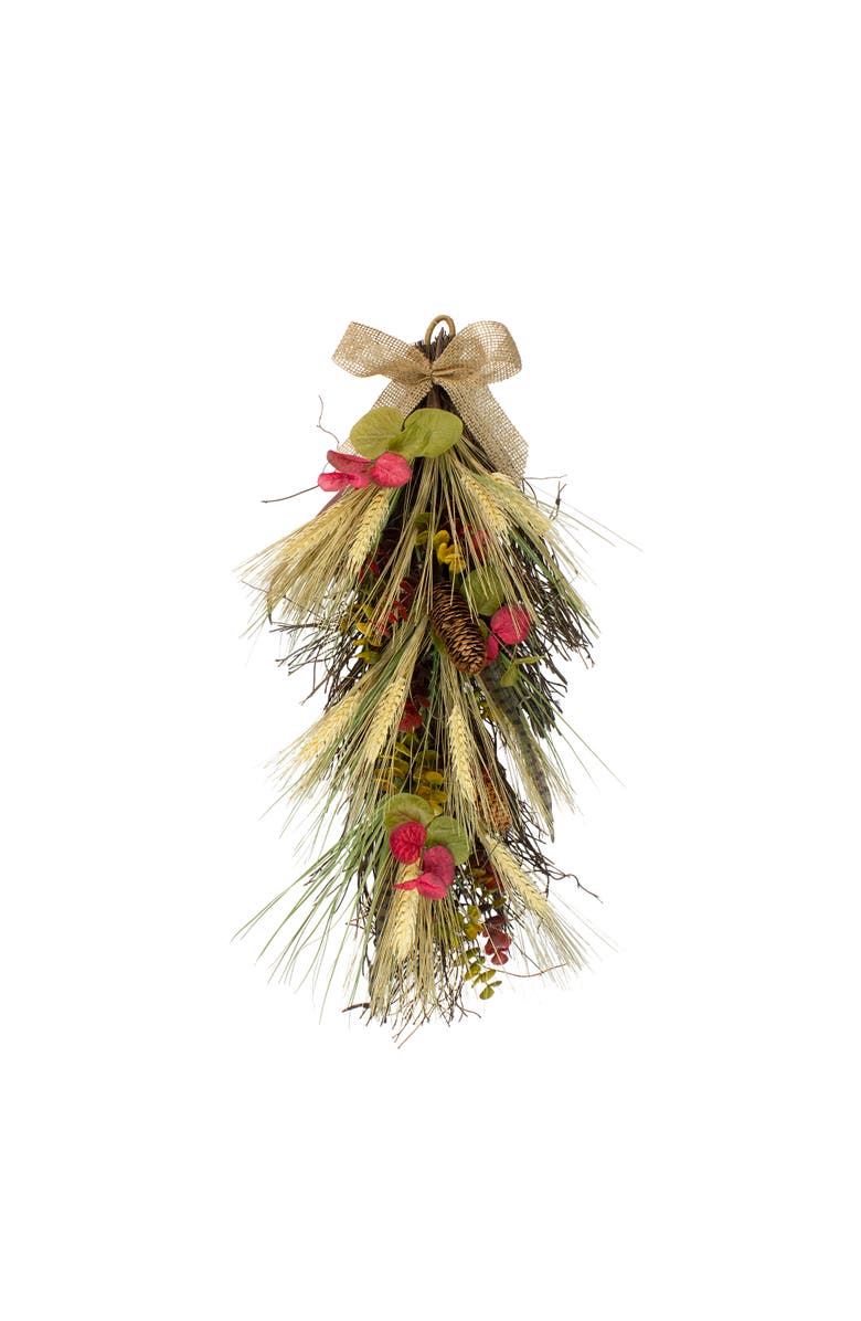 Northlight Wheat and Pinecone Artificial Fall Harvest Teardrop Swag with Burlap Bow - 24", Main, color, 