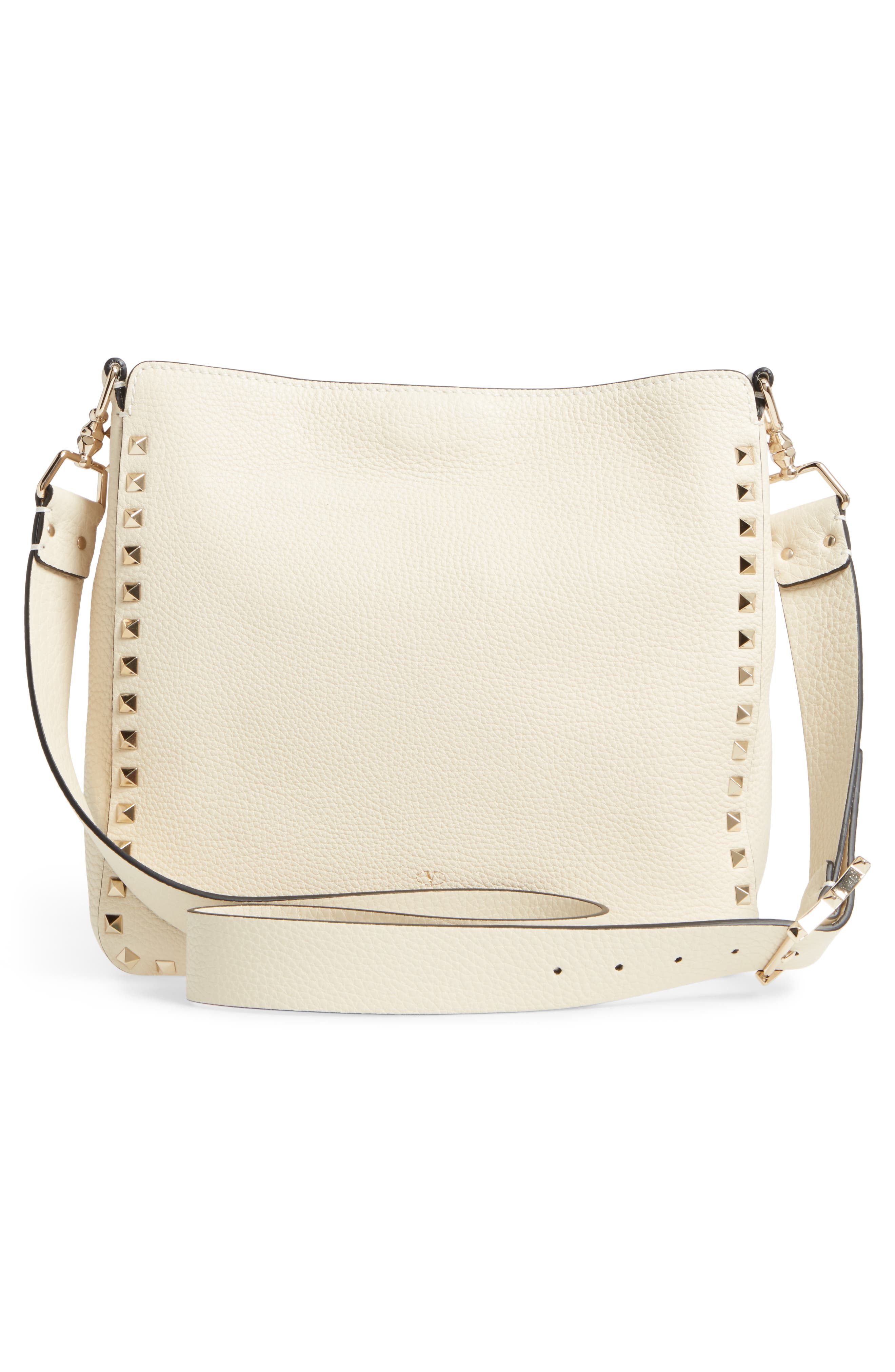 Small Rockstud Leather Hobo, Alternate, color, IVORY