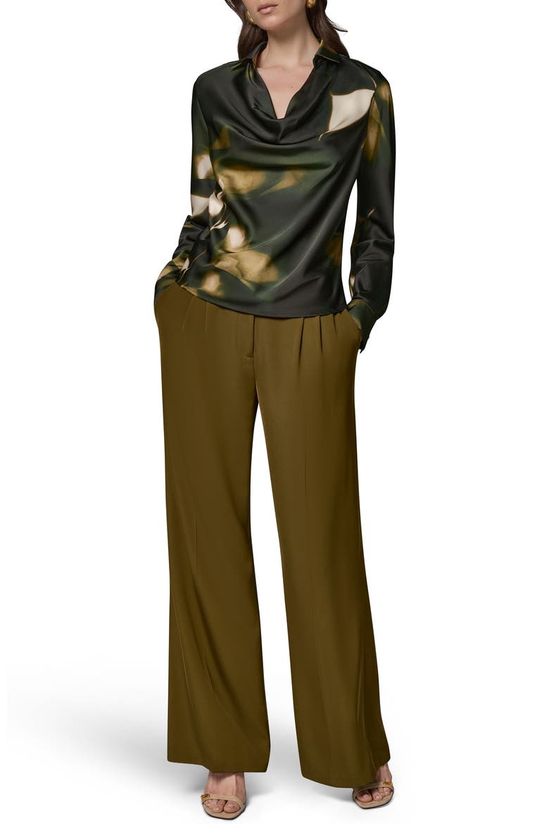 Printed Cowl Neck Satin Top, Alternate, color, OLIVE BRINE