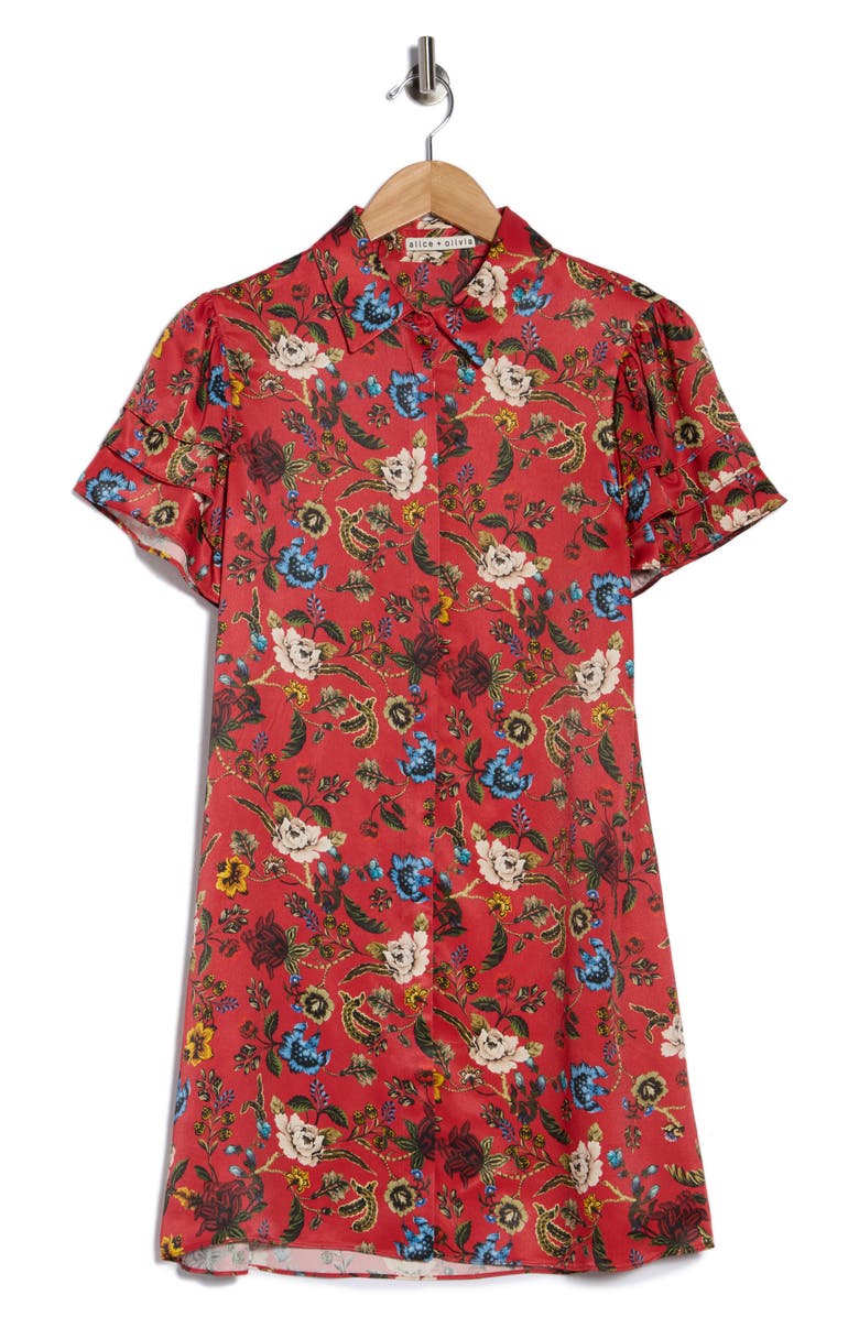 Alice + Olivia Jem Floral Tiered Short Sleeve Shirtdress, Main, color, Tapestry Trails Sm Perfect Rub
