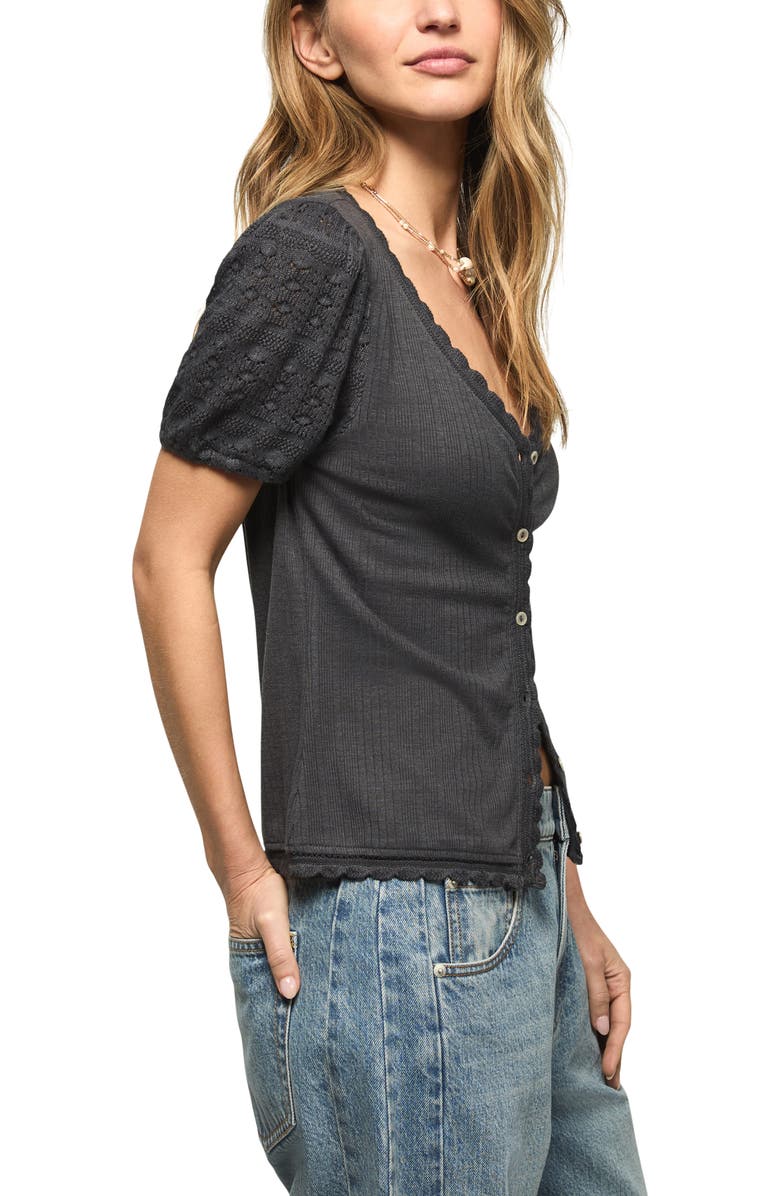 Lucky Brand Rib Knit Short Sleeve Button-Up Shirt, Alternate, color, India Ink