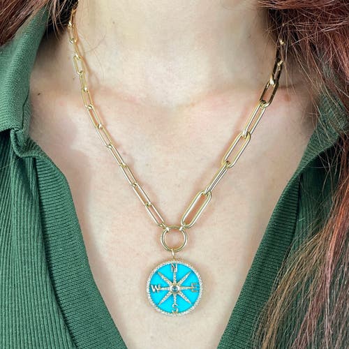 The Lovery Fine Jewelry Turquoise And Diamond Halo Compass Charm In Gold