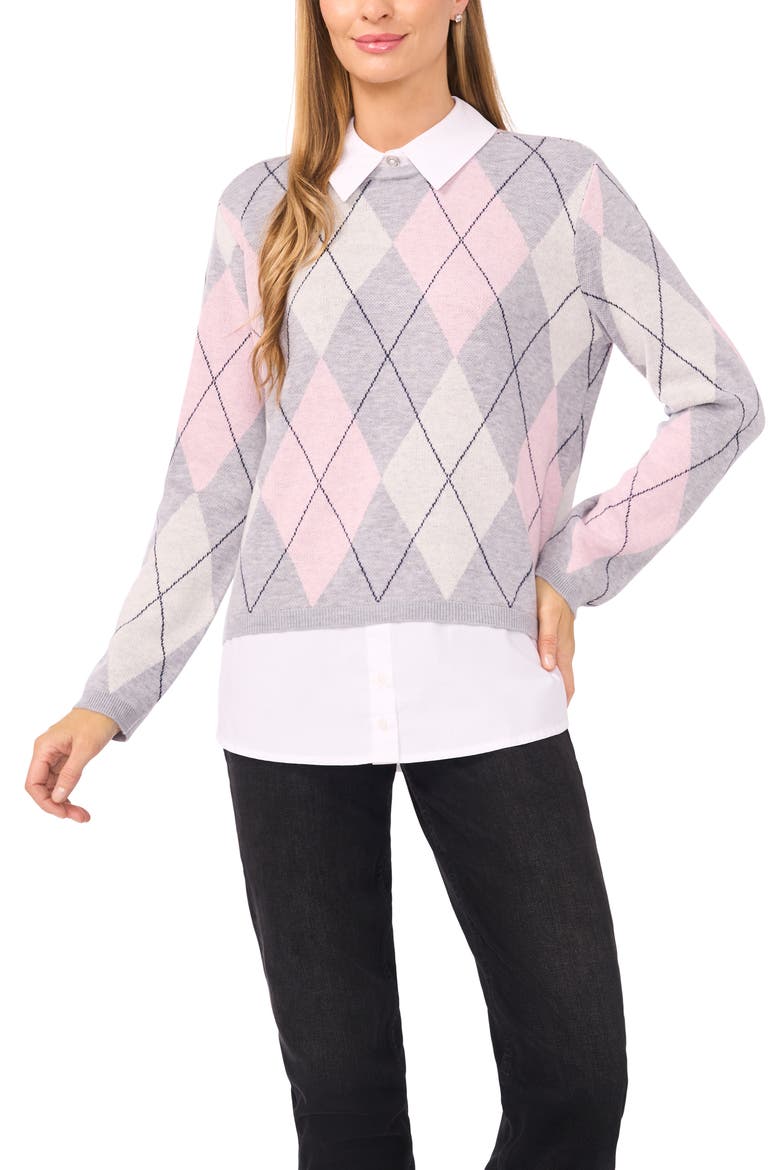 by Cynthia Steffe Pointelle Chevron Stripe Crewneck Sweater, Main, color, LIGHT HEATHER GREY