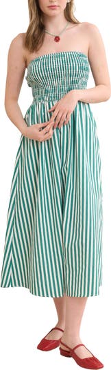 Stripe Strapless Midi Dress