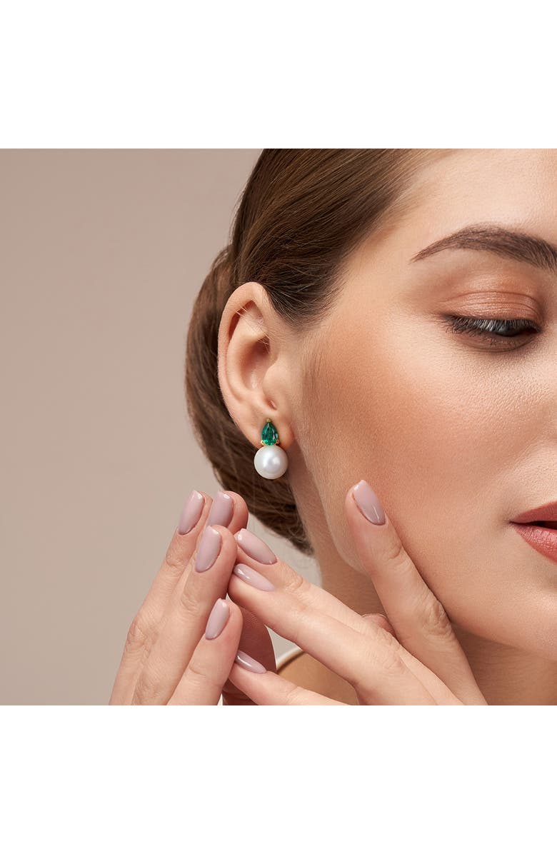 DELMAR Lab Created Emerald & Freshwater Pearl Stud Earrings, Alternate, color, Green