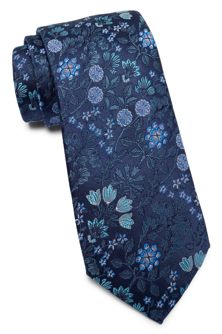 Laurier Floral Print Silk Tie, Main, color, AQUA