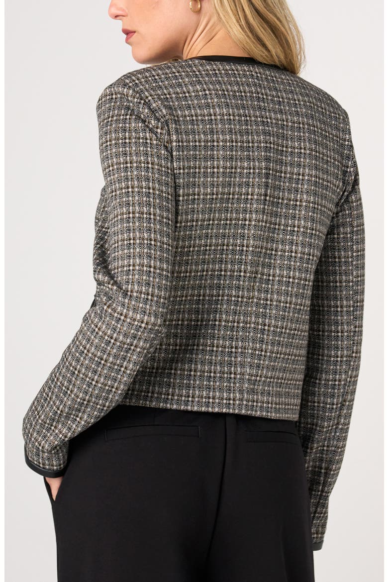 Check Collarless Jacket with Faux Leather Trim, Alternate, color, BLACK TAN MOUNTAIN CHECK