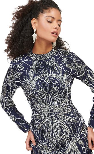 Occasion Modest Embellished Sequin Beaded Cowl Neck Evening Maxi Dress