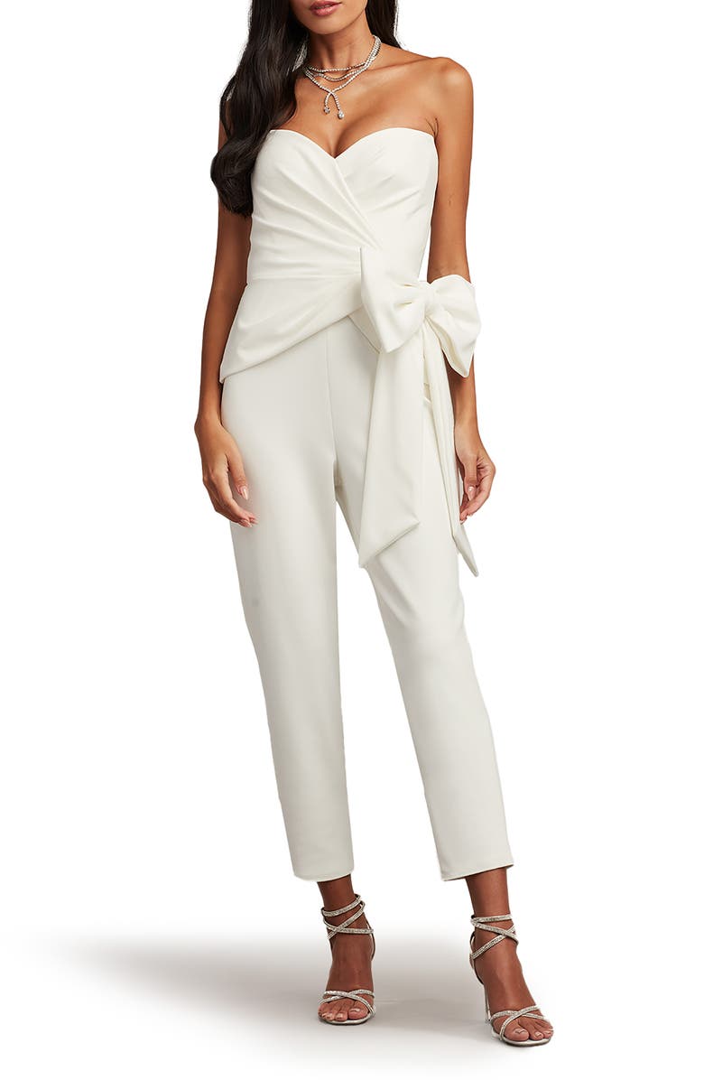 Tadashi Shoji Bow Detail Strapless Crepe Jumpsuit, Main, color, 