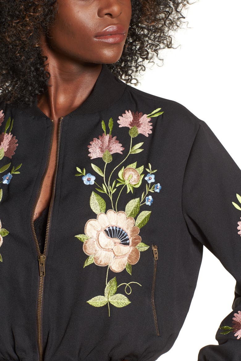 Floral Embroidered Bomber Jacket, Alternate, color, BLACK