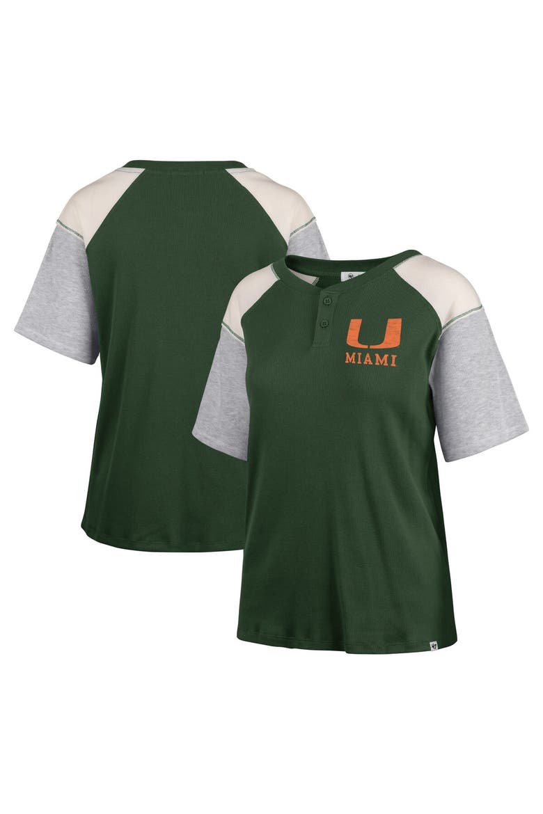 Women's '47 Green Miami Hurricanes Underline Harvey Colorblock Raglan Henley T-Shirt, Main, color, Green