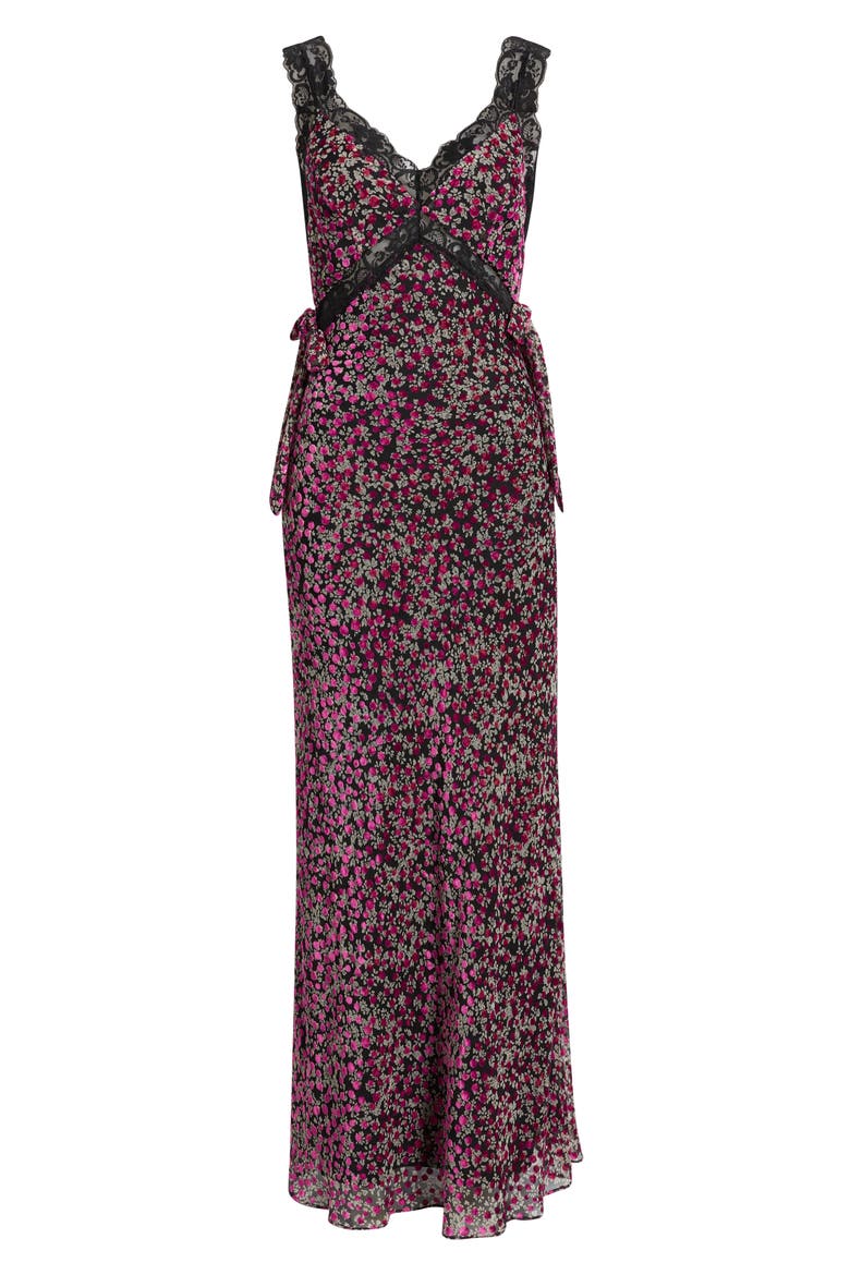 Lily Lace Trim Sleeveless Velvet Gown, Alternate, color, PURPLE FLORAL