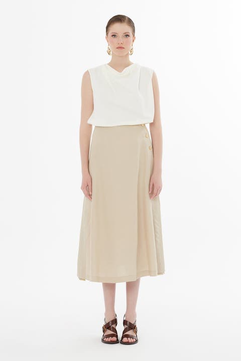 Beige Button-Closure Maxi Skirt