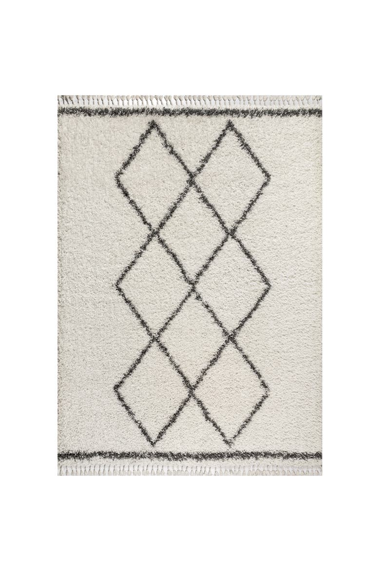 Mercer Shag Plush Tassel Moroccan  Geometric Trellis Denim Area Rug, Main, color, Cream/Gray