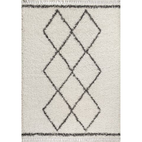 Mercer Shag Plush Tassel Moroccan  Geometric Trellis Denim Area Rug