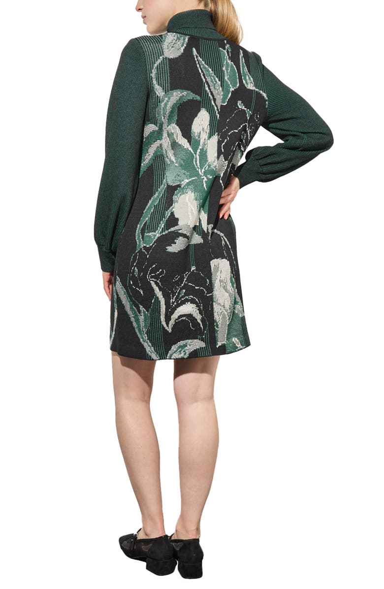 Ming Wang Botanical Long Sleeve Jacquard Knit Sweater Dress, Alternate, color, Black/ Forest