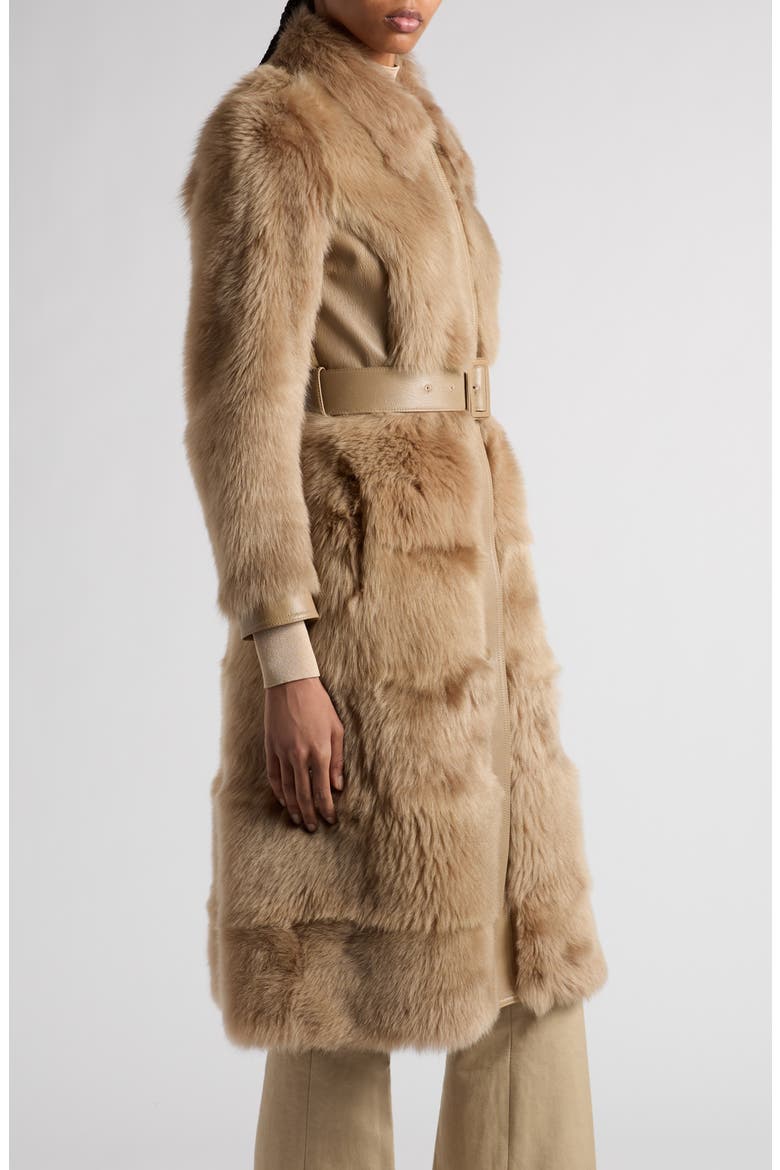 Soft Shearling & Leather Belted Coat, Alternate, color, JB020 HONEY BEIGE